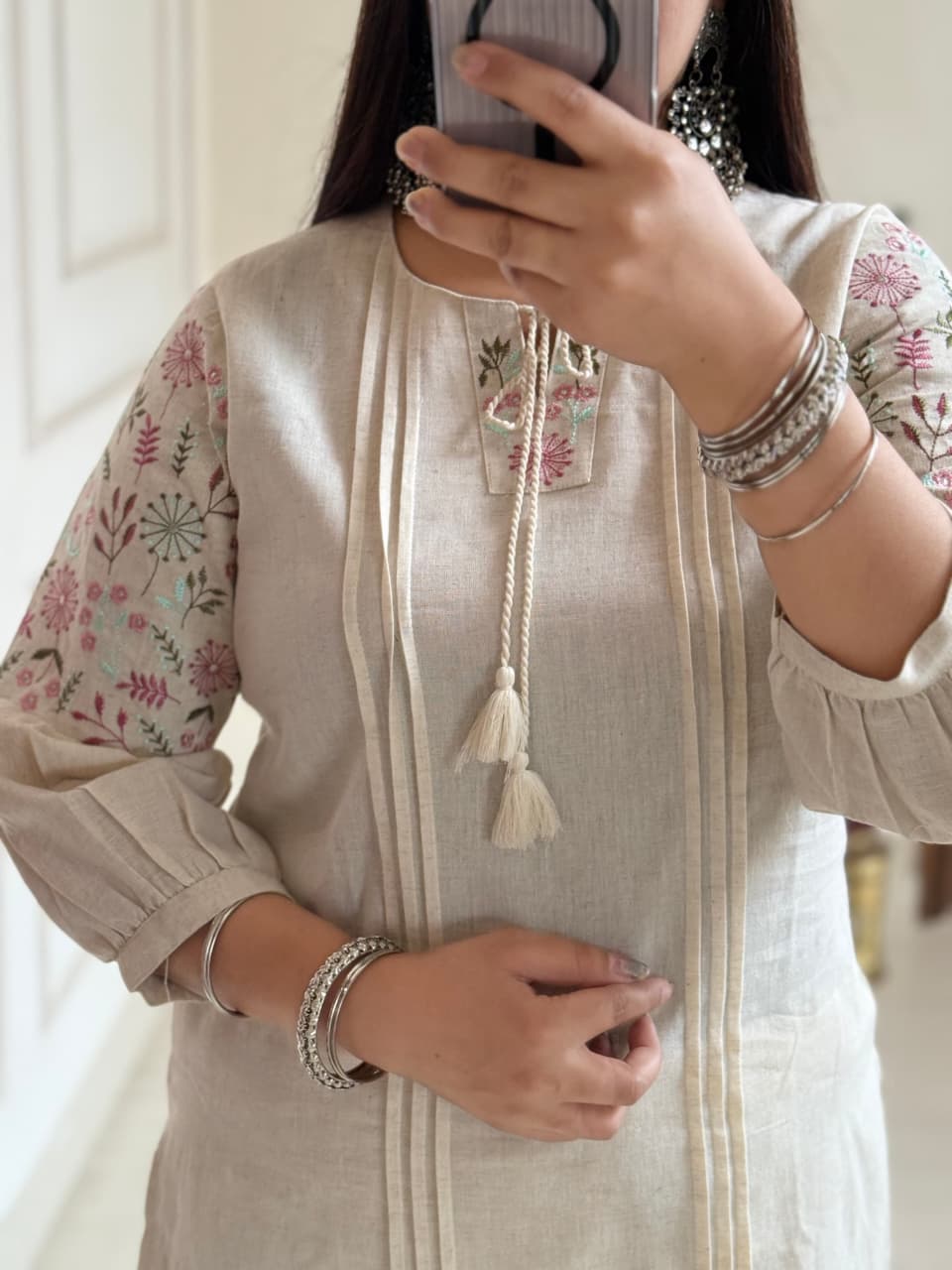 Aarohi Ivory Flax Cotton Embroidered Kurta Pant Set