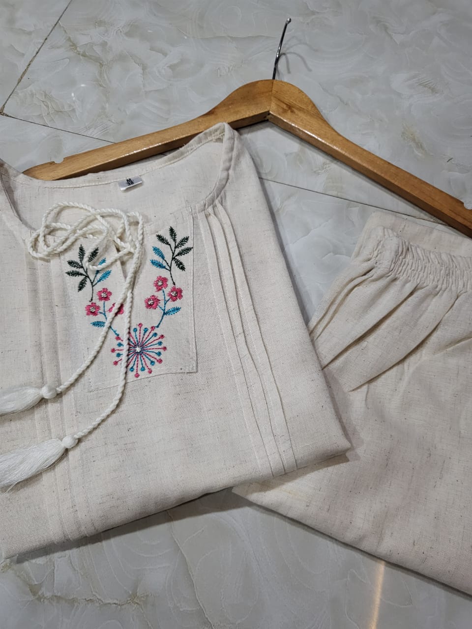 Aarohi Ivory Flax Cotton Embroidered Kurta Pant Set