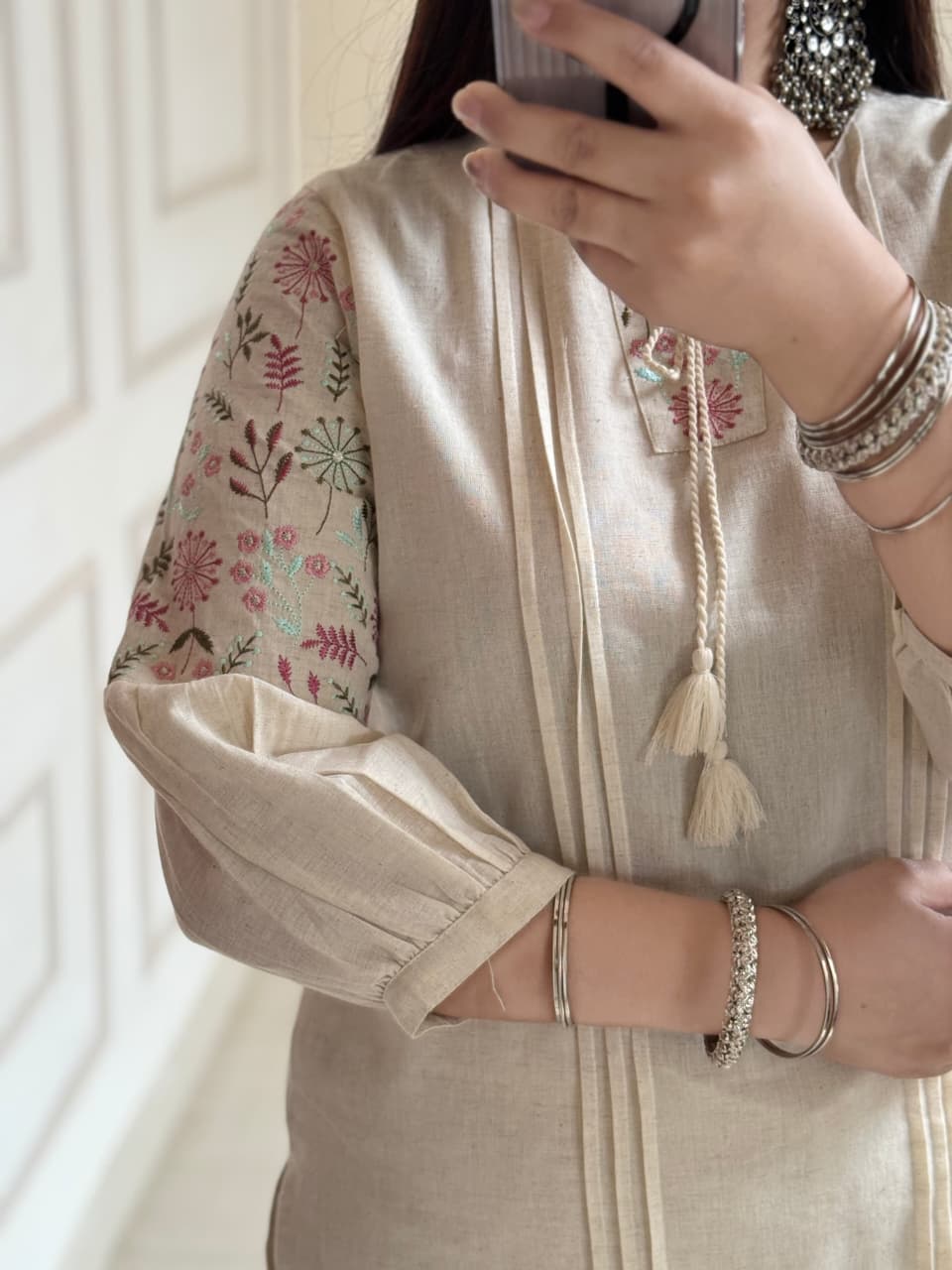 Aarohi Ivory Flax Cotton Embroidered Kurta Pant Set