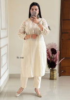 Aarohi Ivory Flax Cotton Embroidered Kurta Pant Set