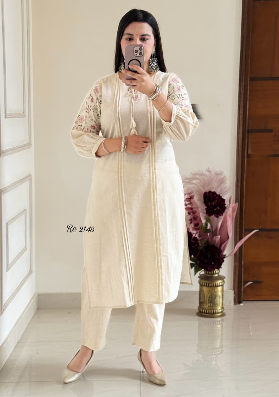 Aarohi Ivory Flax Cotton Embroidered Kurta Pant Set