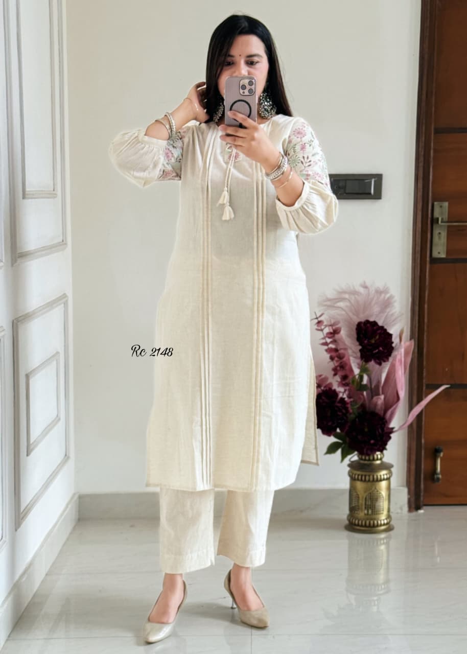 Aarohi Ivory Flax Cotton Embroidered Kurta Pant Set