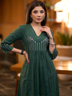 Vanya Forest Green Pleated Cotton Slub Kurta Set