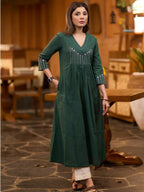 Vanya Forest Green Pleated Cotton Slub Kurta Set