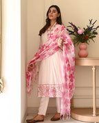 Blush Bloom Cotton Flex Embroidered Kurta Set with Kota Doriya Dupatta