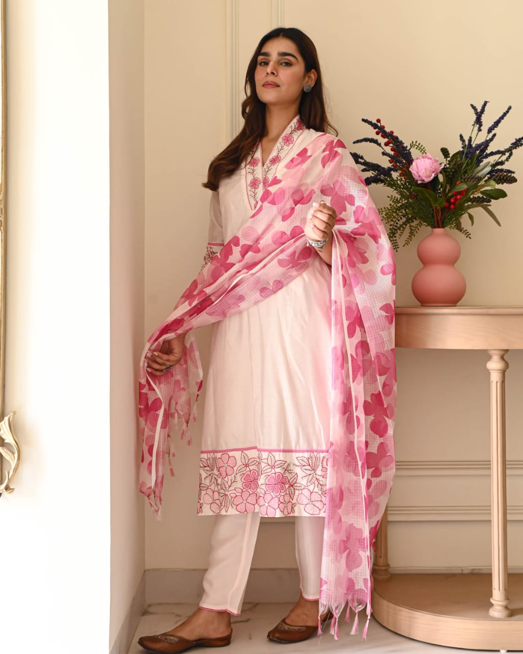 Blush Bloom Cotton Flex Embroidered Kurta Set with Kota Doriya Dupatta