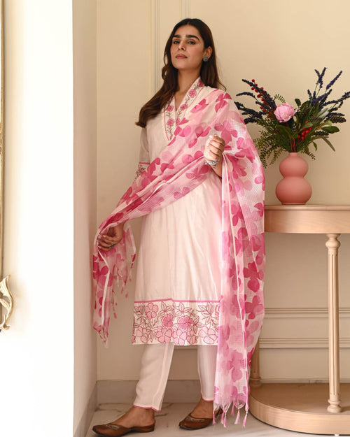 Blush Bloom Cotton Flex Embroidered Kurta Set with Kota Doriya Dupatta