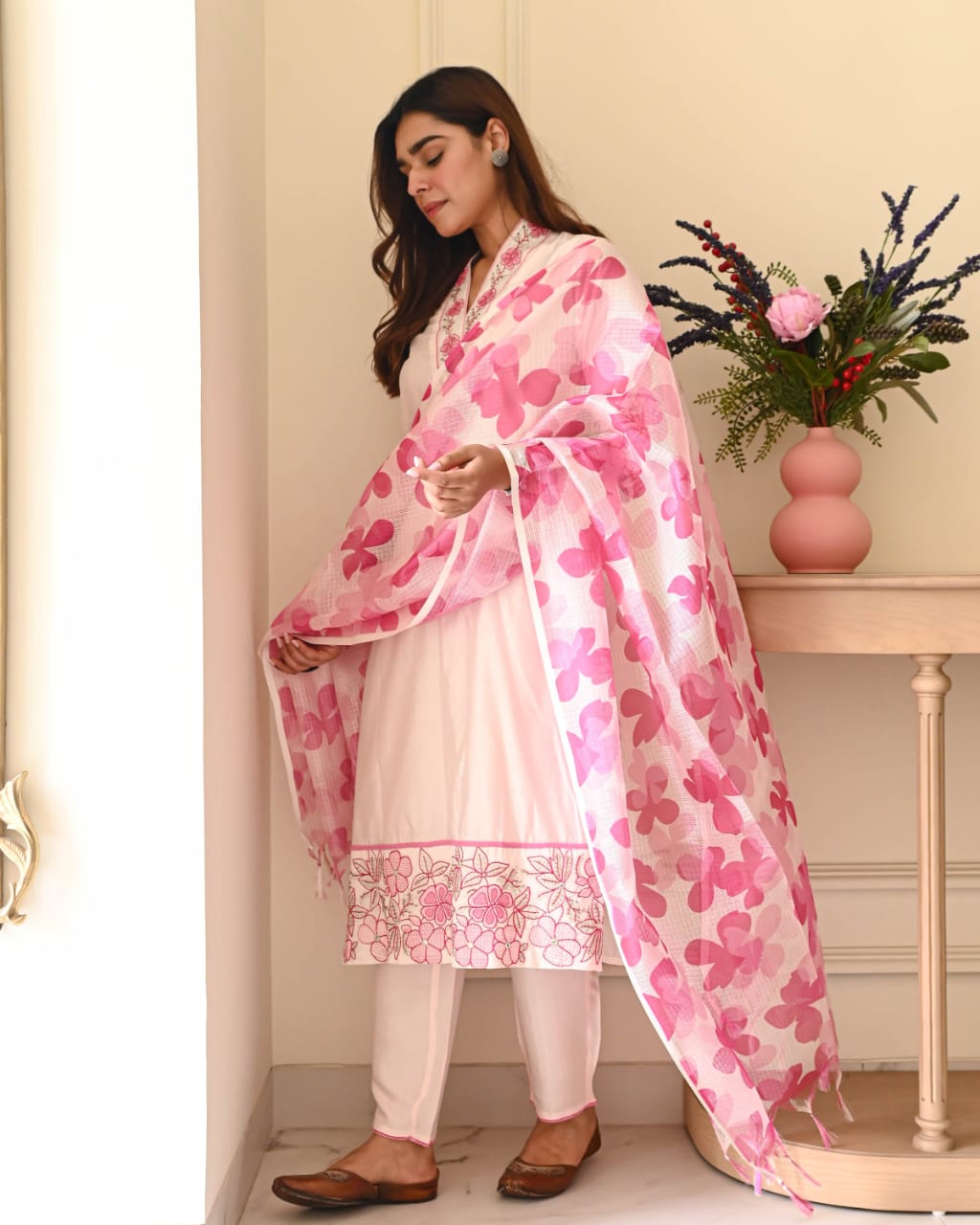 Blush Bloom Cotton Flex Embroidered Kurta Set with Kota Doriya Dupatta