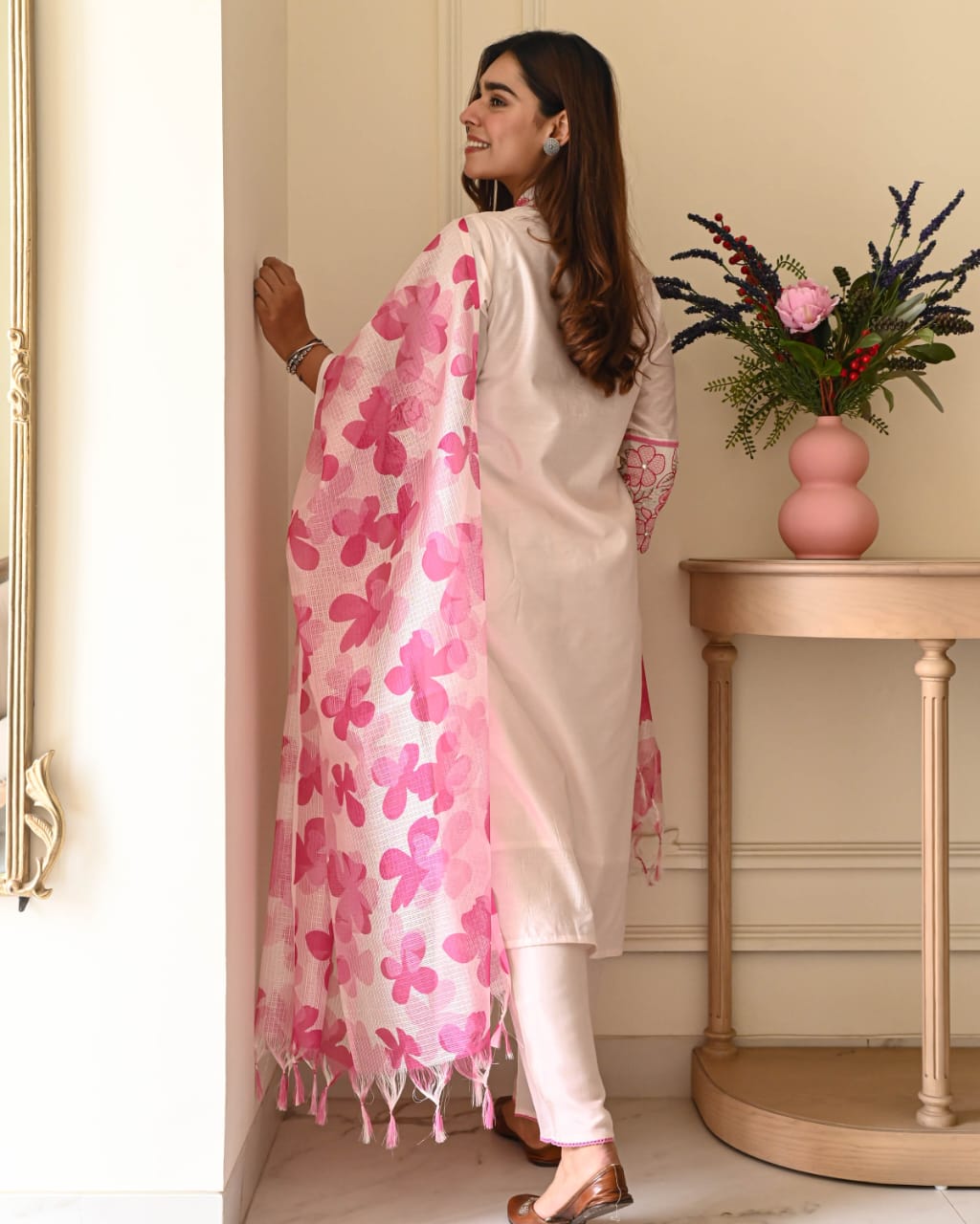 Blush Bloom Cotton Flex Embroidered Kurta Set with Kota Doriya Dupatta
