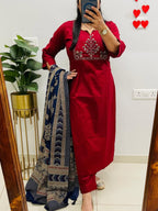 Ruby Noor Heavy Cotton Embroidered Kurta Set with Dupatta