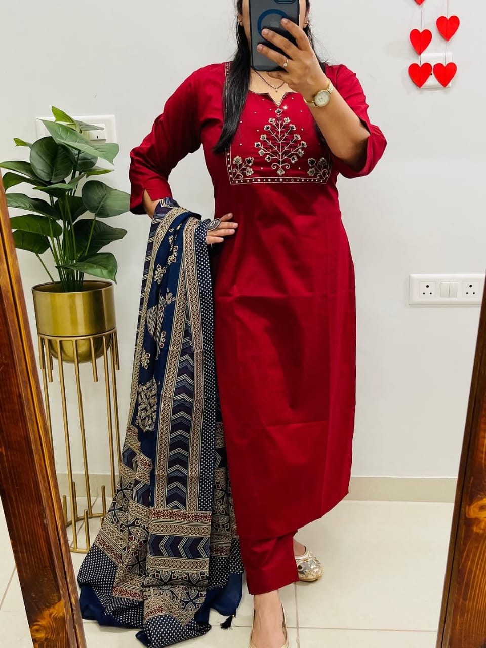 Ruby Noor Heavy Cotton Embroidered Kurta Set with Dupatta