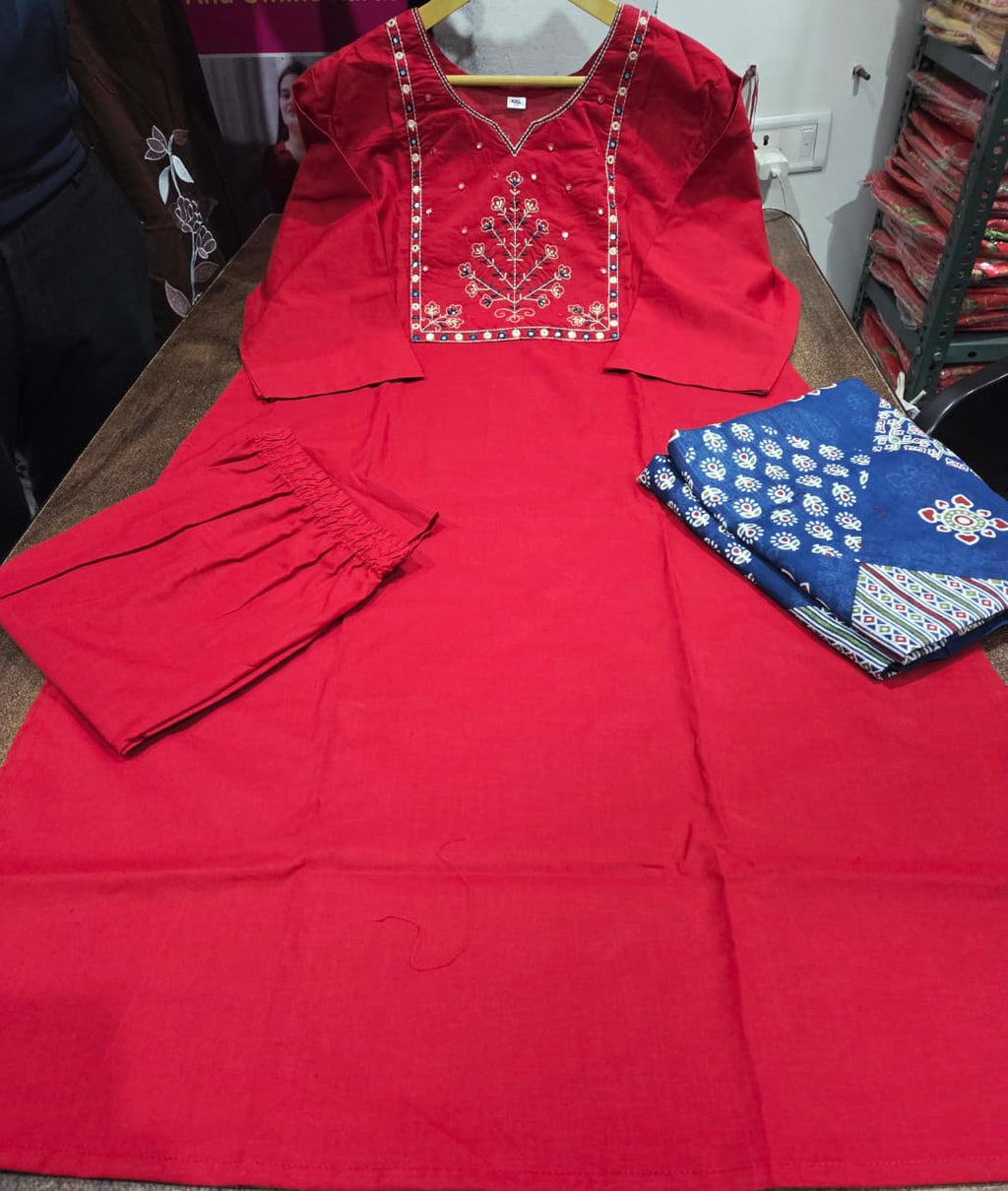 Ruby Noor Heavy Cotton Embroidered Kurta Set with Dupatta