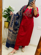 Ruby Noor Heavy Cotton Embroidered Kurta Set with Dupatta