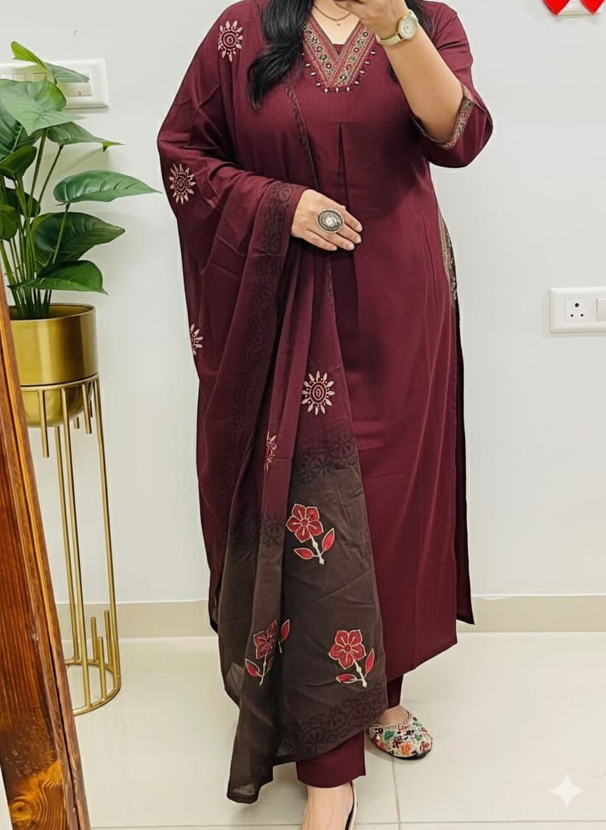 NRI Maroon V-Neck Handcrafted Cotton Kurti Set with Dupatta