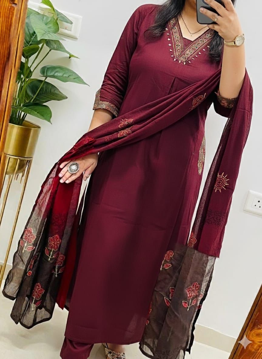 NRI Maroon V-Neck Handcrafted Cotton Kurti Set with Dupatta