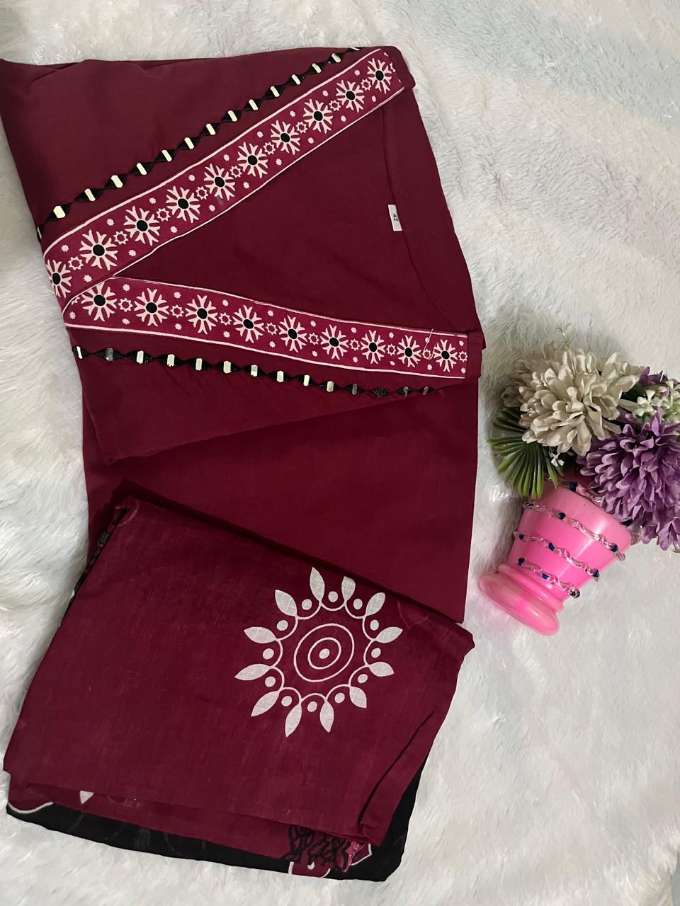 NRI Maroon V-Neck Handcrafted Cotton Kurti Set with Dupatta