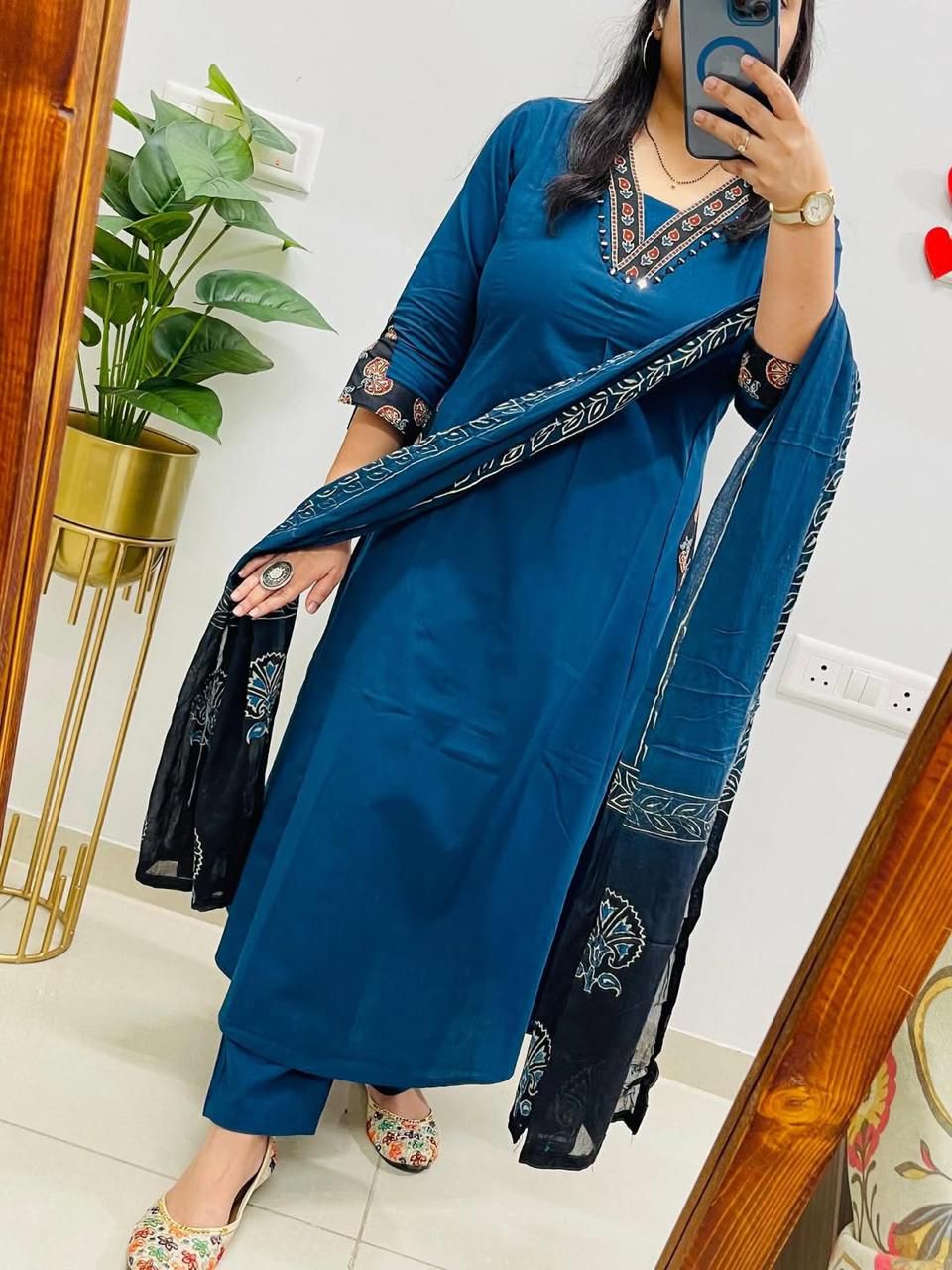 NRI Blue V-Neck Handcrafted Cotton Kurti Set with Dupatta