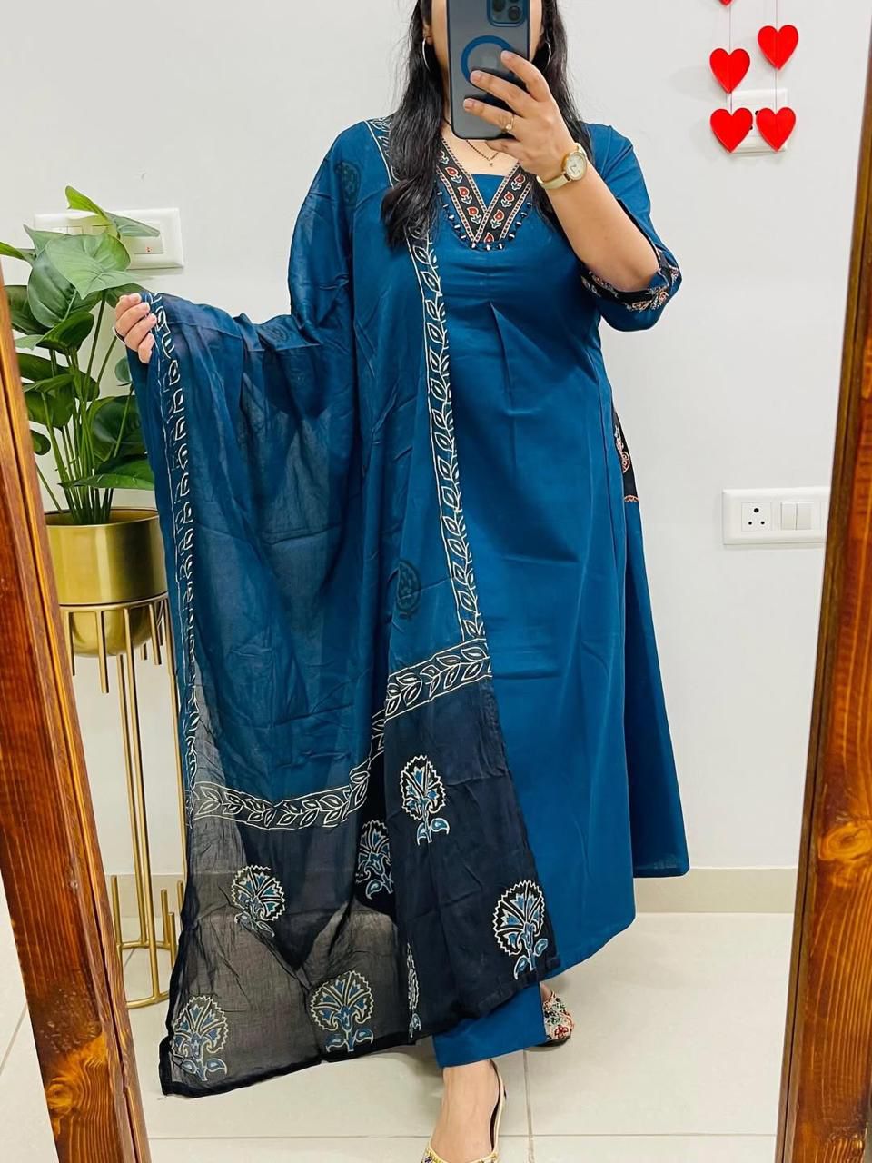 NRI Blue V-Neck Handcrafted Cotton Kurti Set with Dupatta