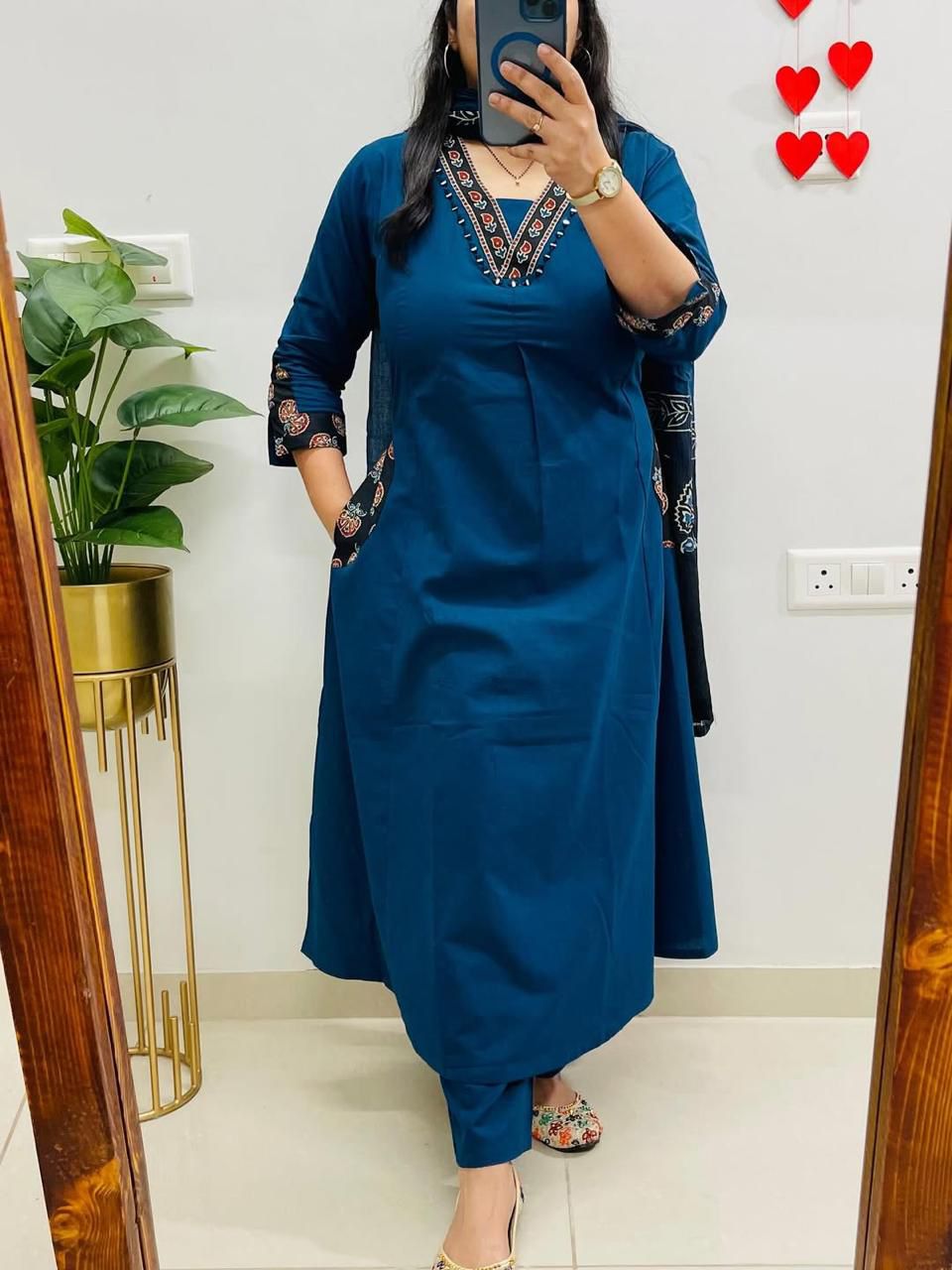 NRI Blue V-Neck Handcrafted Cotton Kurti Set with Dupatta