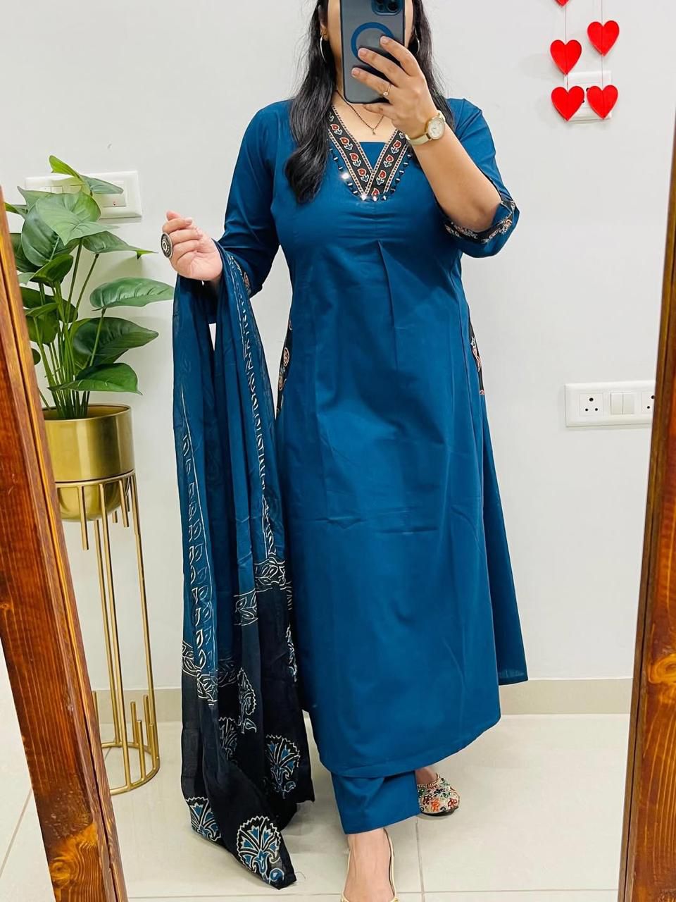NRI Blue V-Neck Handcrafted Cotton Kurti Set with Dupatta