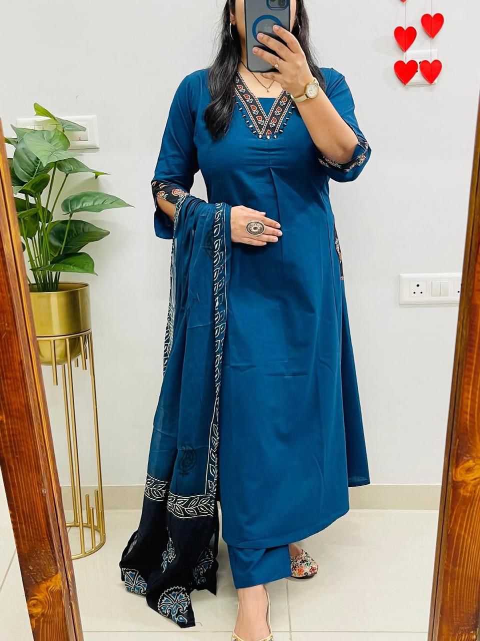 NRI Blue V-Neck Handcrafted Cotton Kurti Set with Dupatta