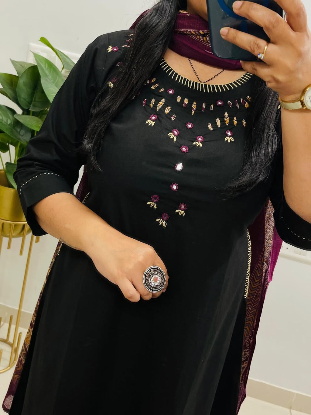 Black Emblem Embroidered Cotton Kurti Set with Dupatta