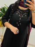 Black Emblem Embroidered Cotton Kurti Set with Dupatta