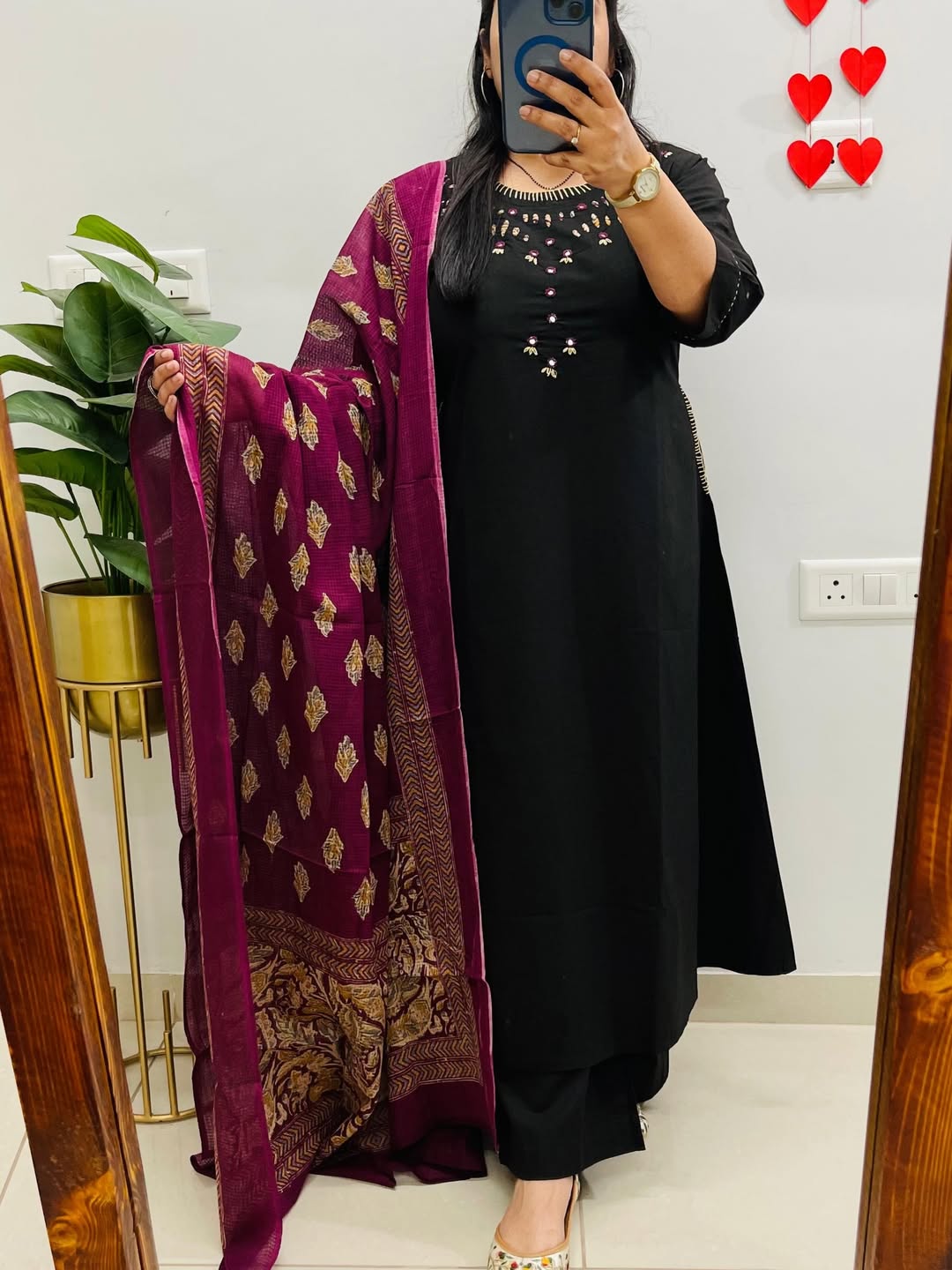 Black Emblem Embroidered Cotton Kurti Set with Dupatta