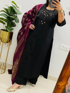 Black Emblem Embroidered Cotton Kurti Set with Dupatta