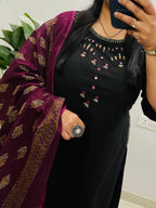 Black Emblem Embroidered Cotton Kurti Set with Dupatta