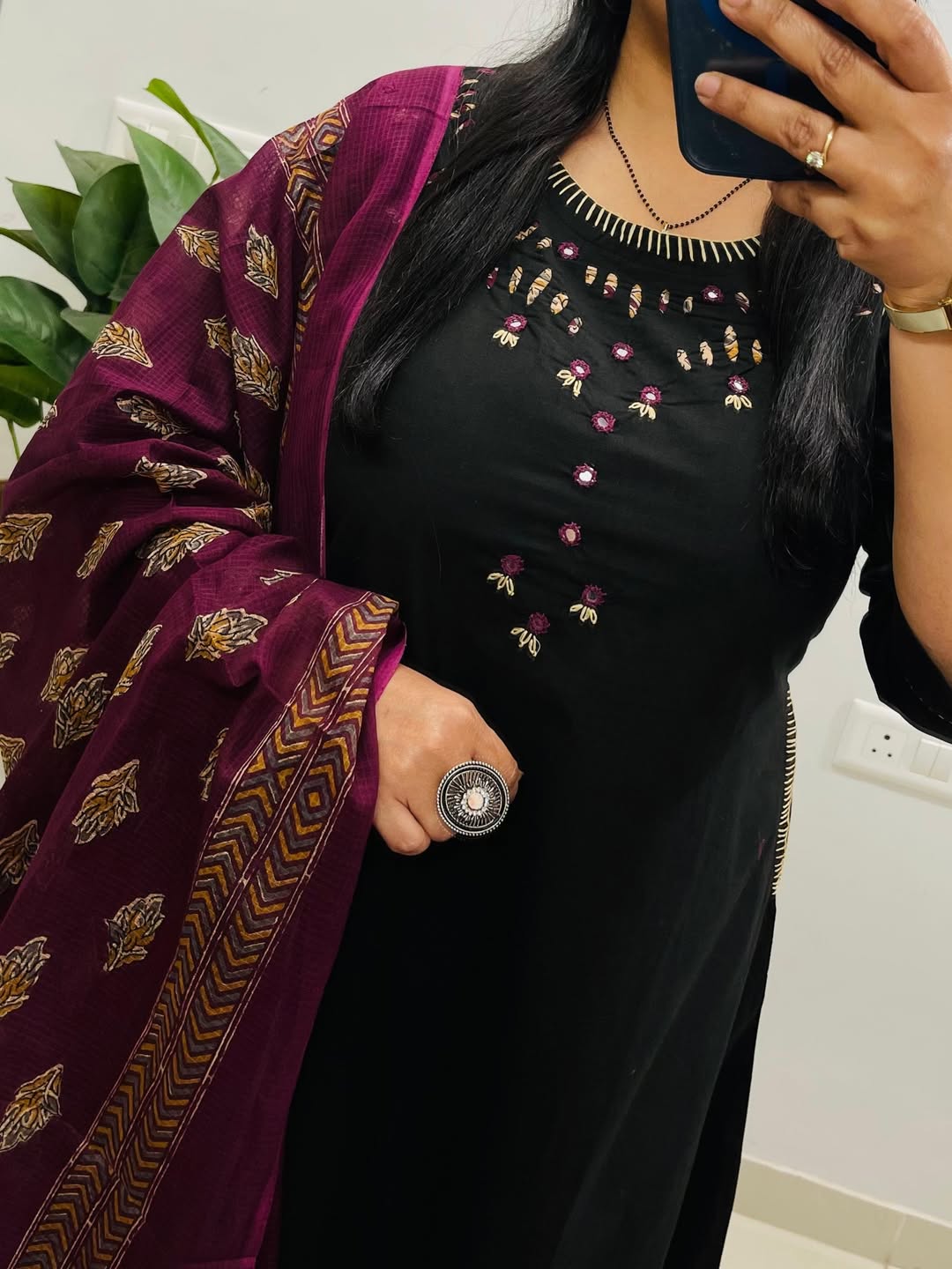 Black Emblem Embroidered Cotton Kurti Set with Dupatta