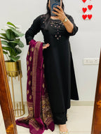 Black Emblem Embroidered Cotton Kurti Set with Dupatta