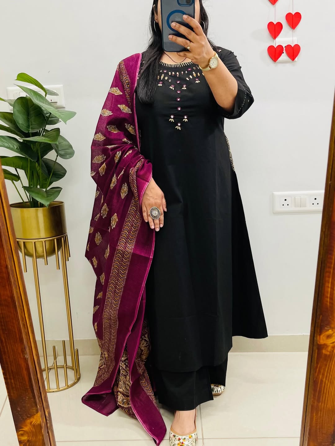 Black Emblem Embroidered Cotton Kurti Set with Dupatta