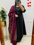 Black Emblem Embroidered Cotton Kurti Set with Dupatta