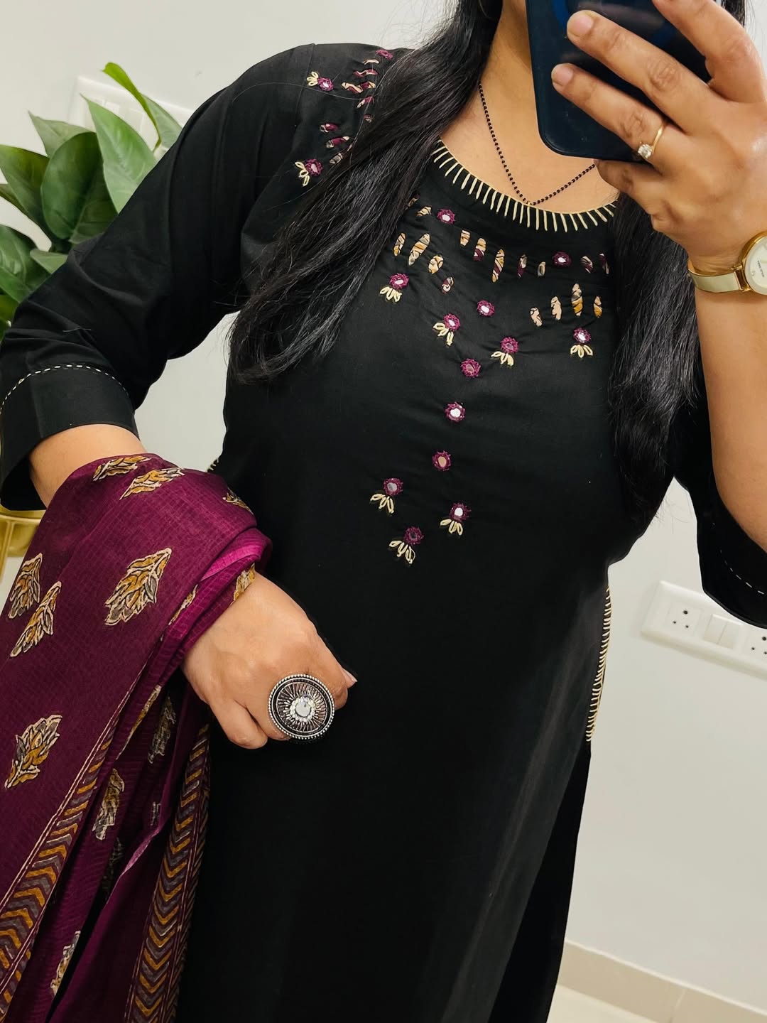 Black Emblem Embroidered Cotton Kurti Set with Dupatta