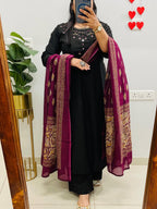 Black Emblem Embroidered Cotton Kurti Set with Dupatta