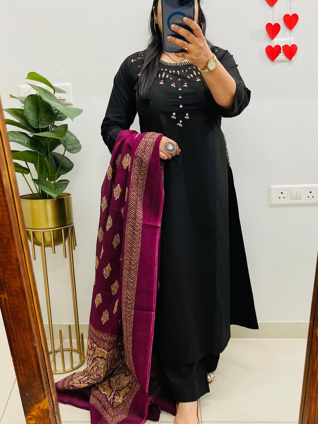 Black Emblem Embroidered Cotton Kurti Set with Dupatta