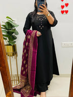 Black Emblem Embroidered Cotton Kurti Set with Dupatta