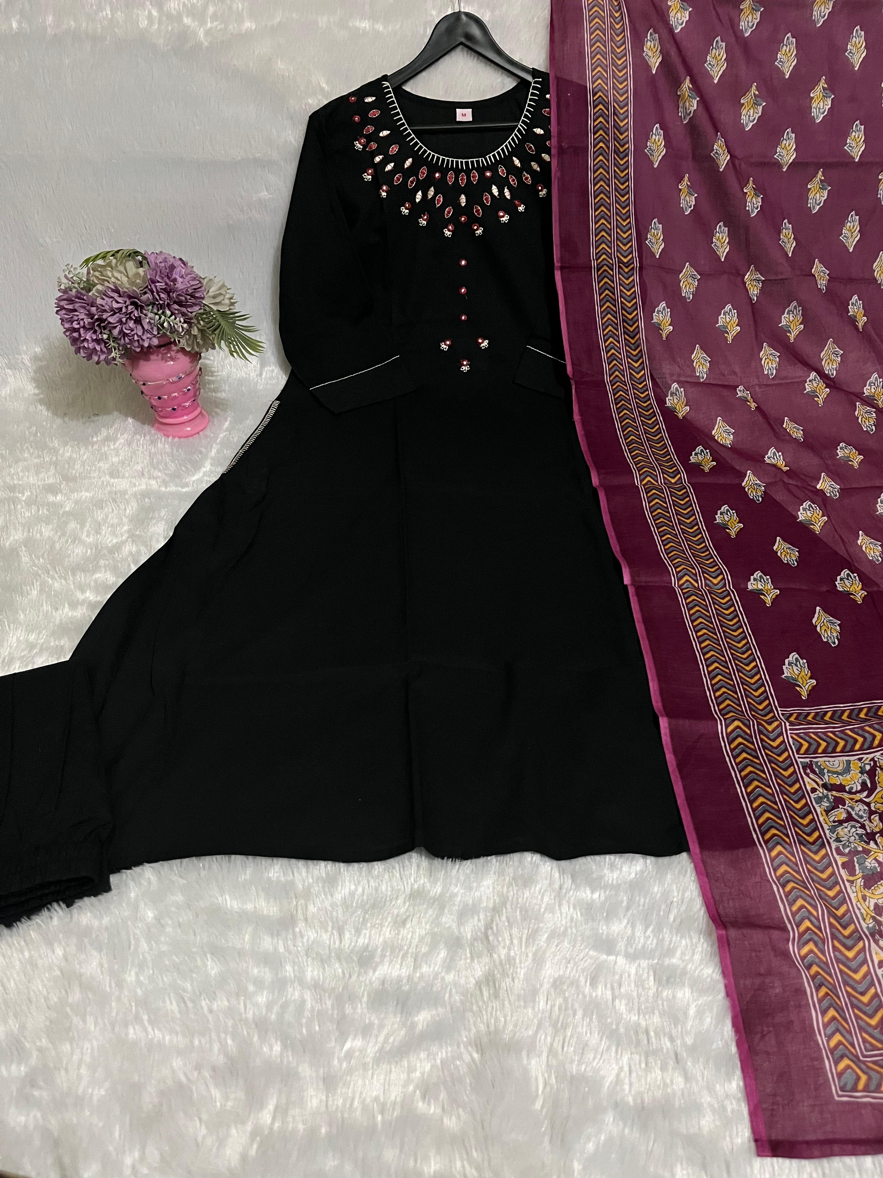 Black Emblem Embroidered Cotton Kurti Set with Dupatta