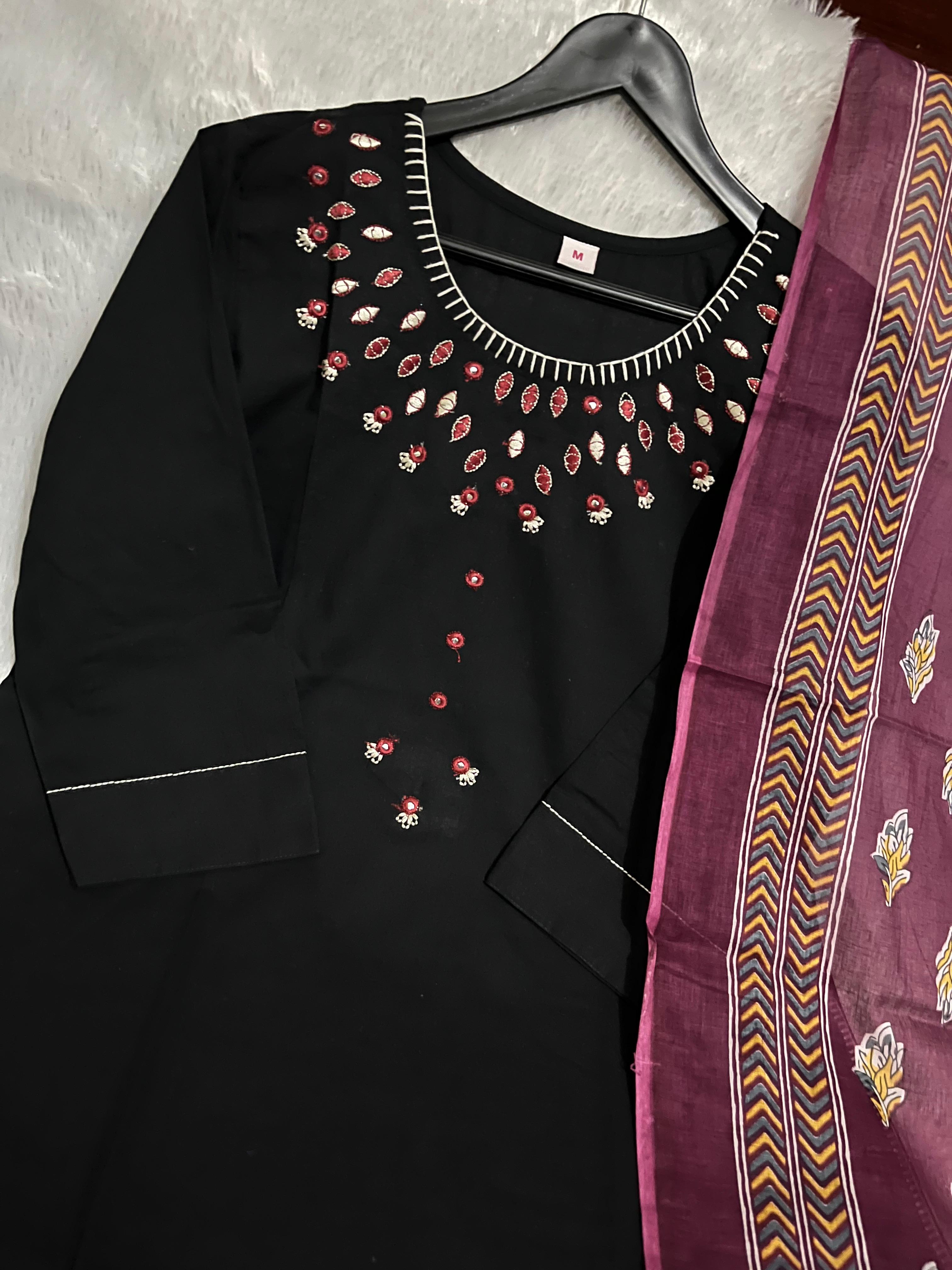 Black Emblem Embroidered Cotton Kurti Set with Dupatta