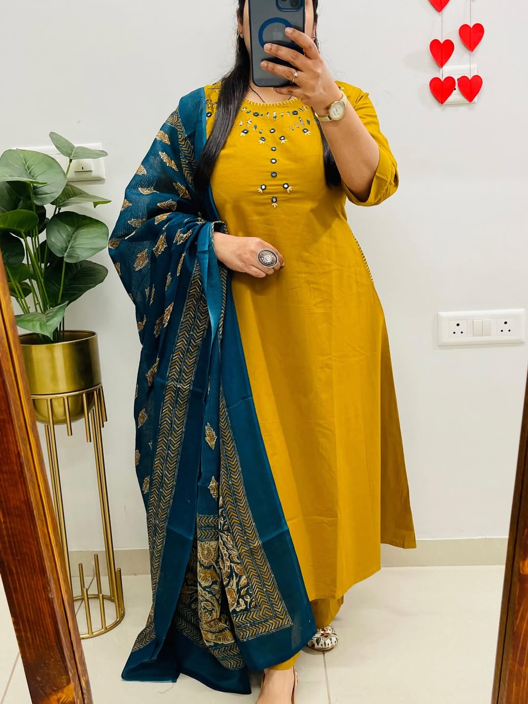 NRI Yellow Embroidered Cotton Kurti Set with Dupatta