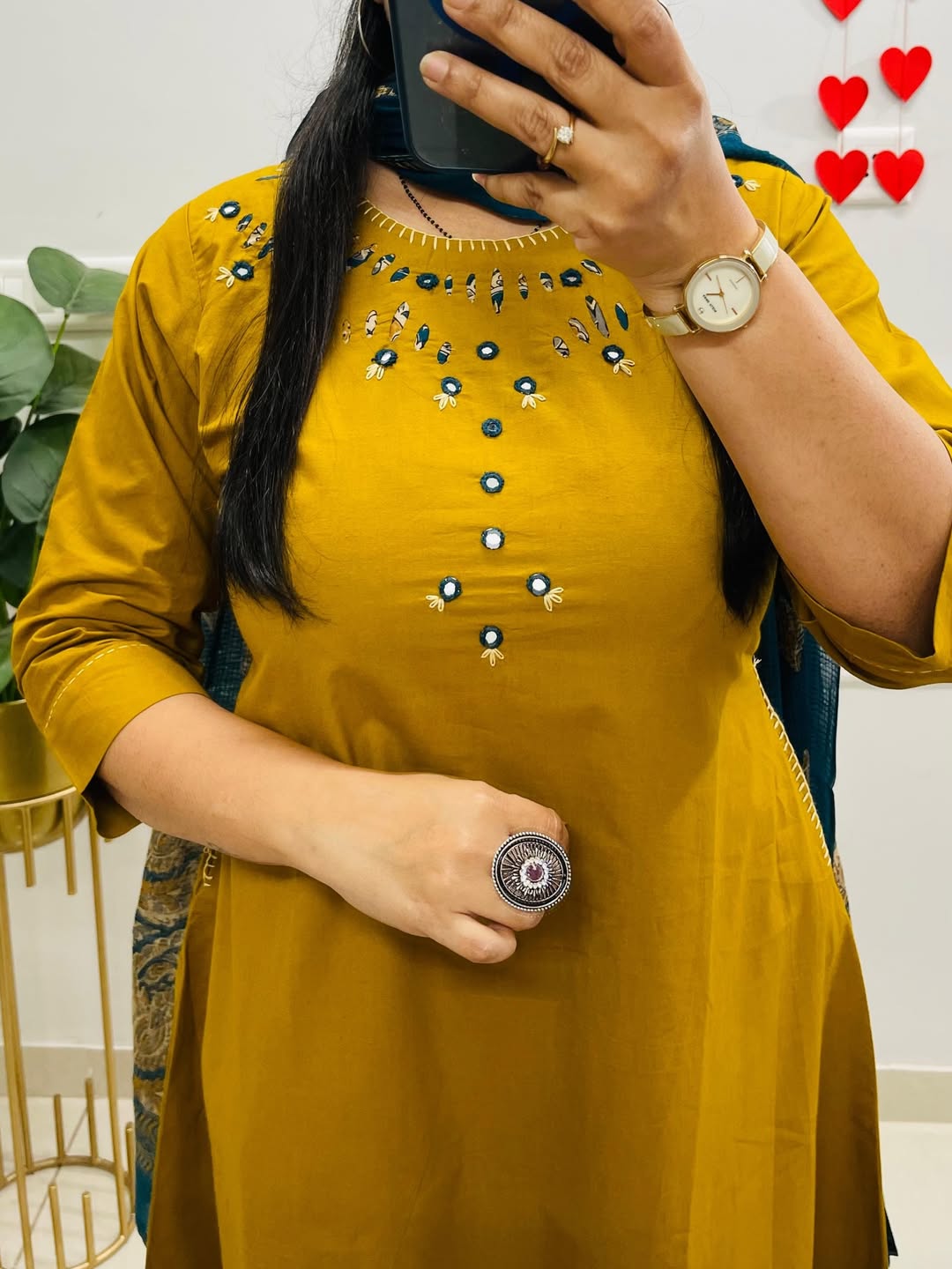 NRI Yellow Embroidered Cotton Kurti Set with Dupatta