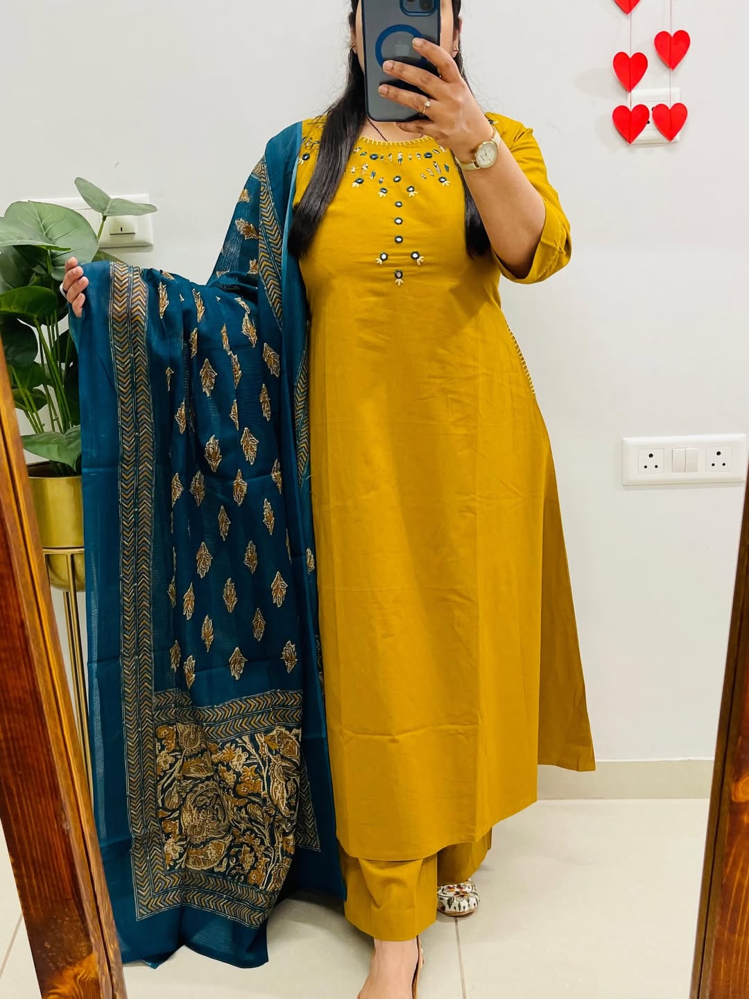 NRI Yellow Embroidered Cotton Kurti Set with Dupatta