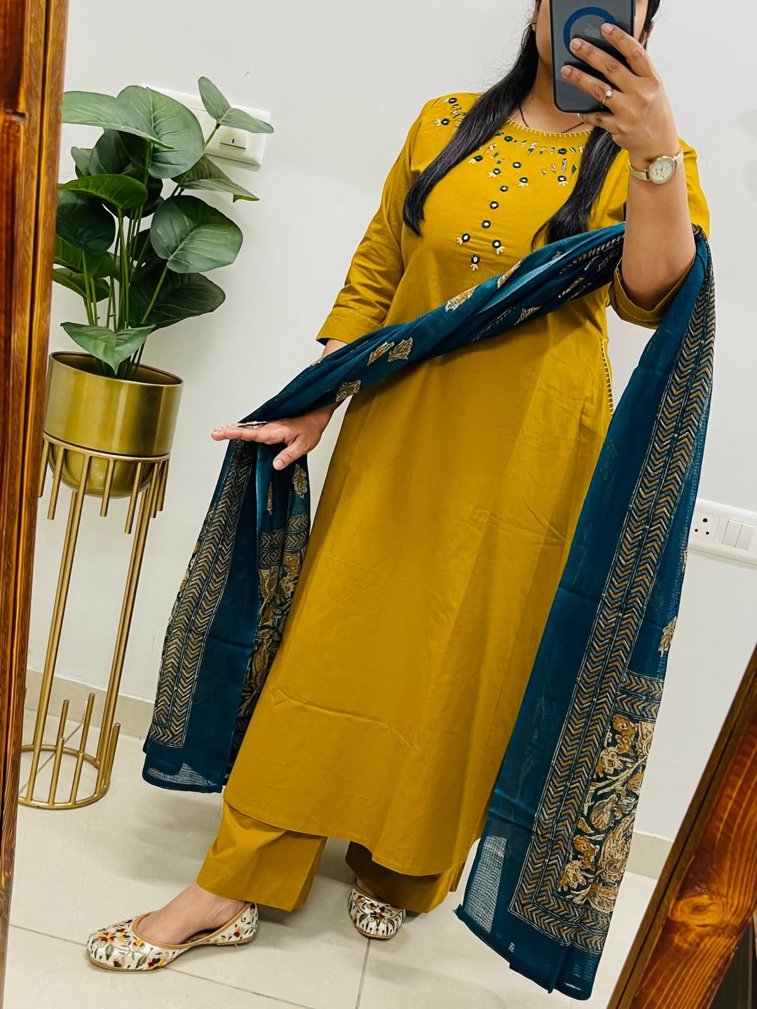 NRI Yellow Embroidered Cotton Kurti Set with Dupatta