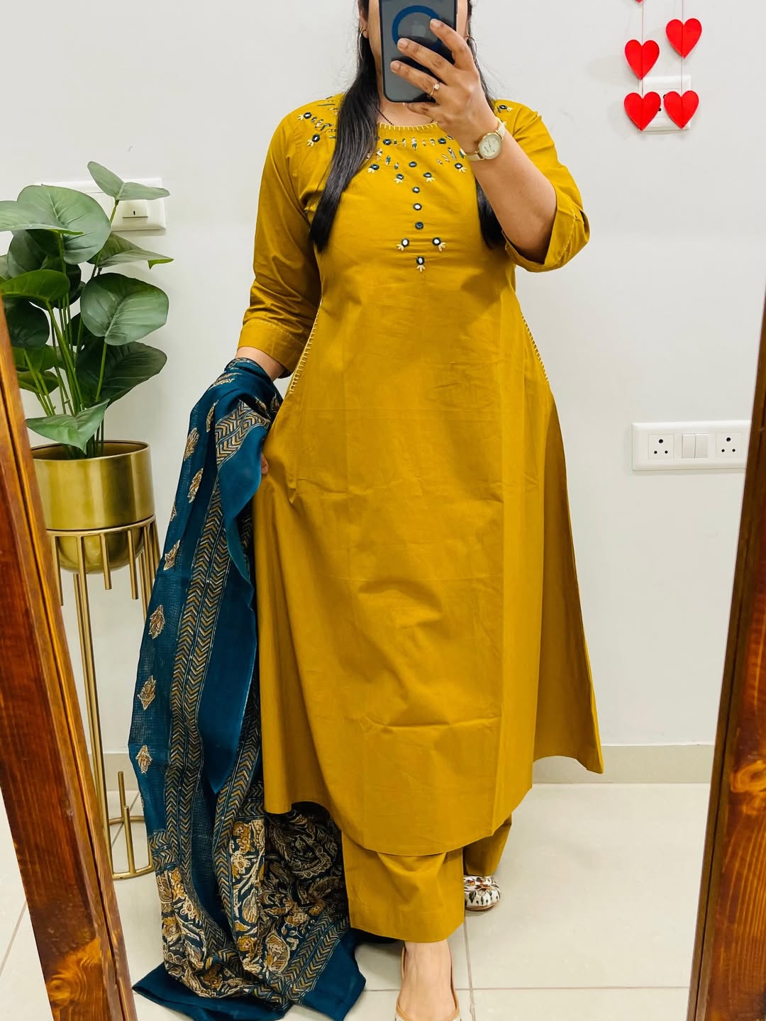 NRI Yellow Embroidered Cotton Kurti Set with Dupatta
