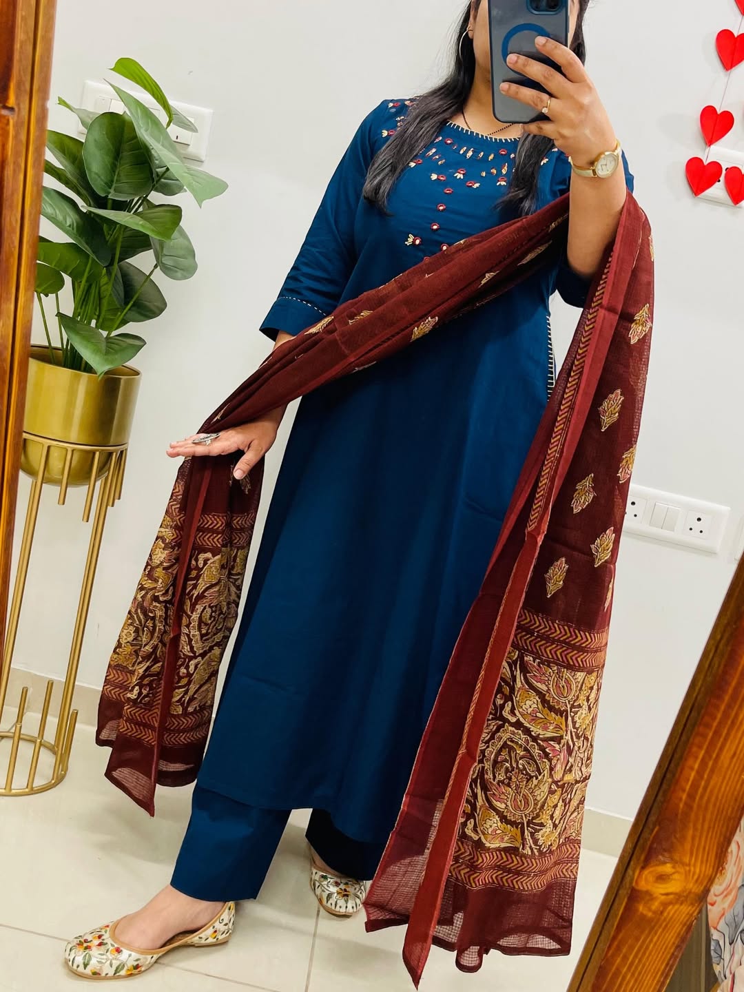 NRI Blue Embroidered Cotton Kurti Set with Dupatta