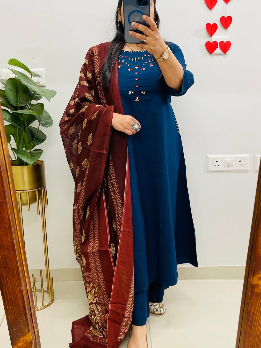 NRI Blue Embroidered Cotton Kurti Set with Dupatta