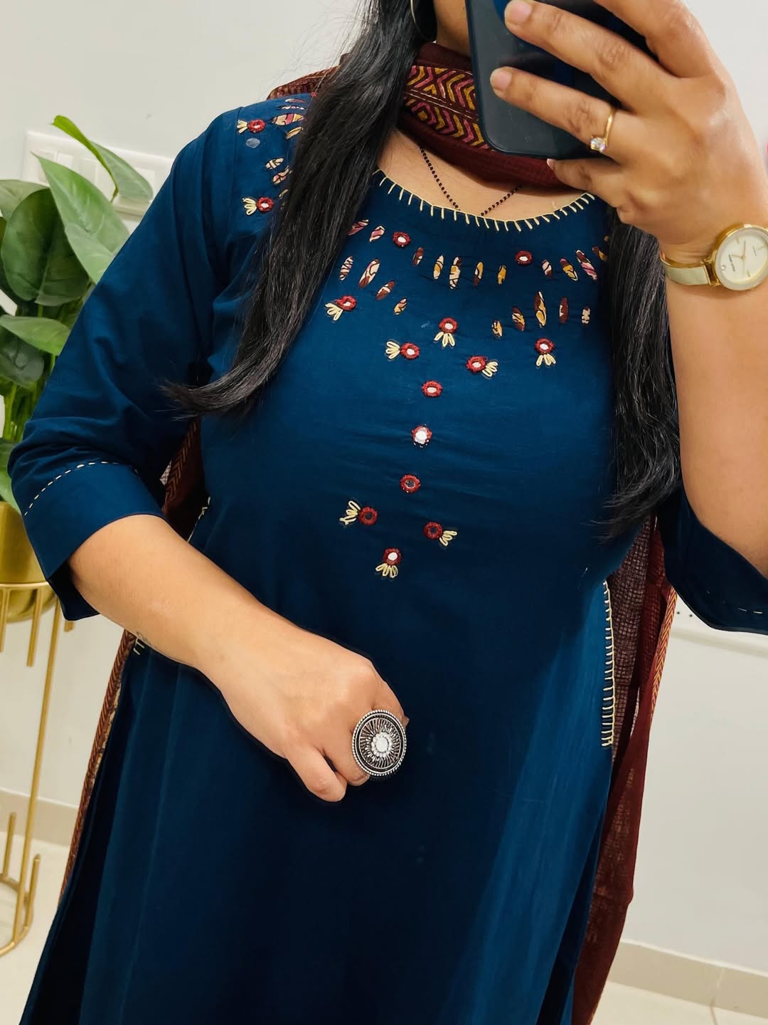 NRI Blue Embroidered Cotton Kurti Set with Dupatta