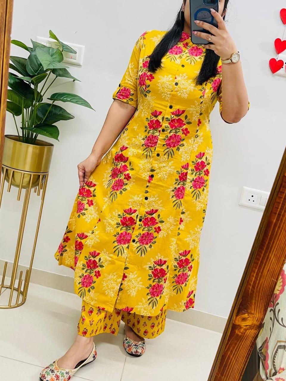 Yellow Sardar Floral Cotton Kurti Pant Set