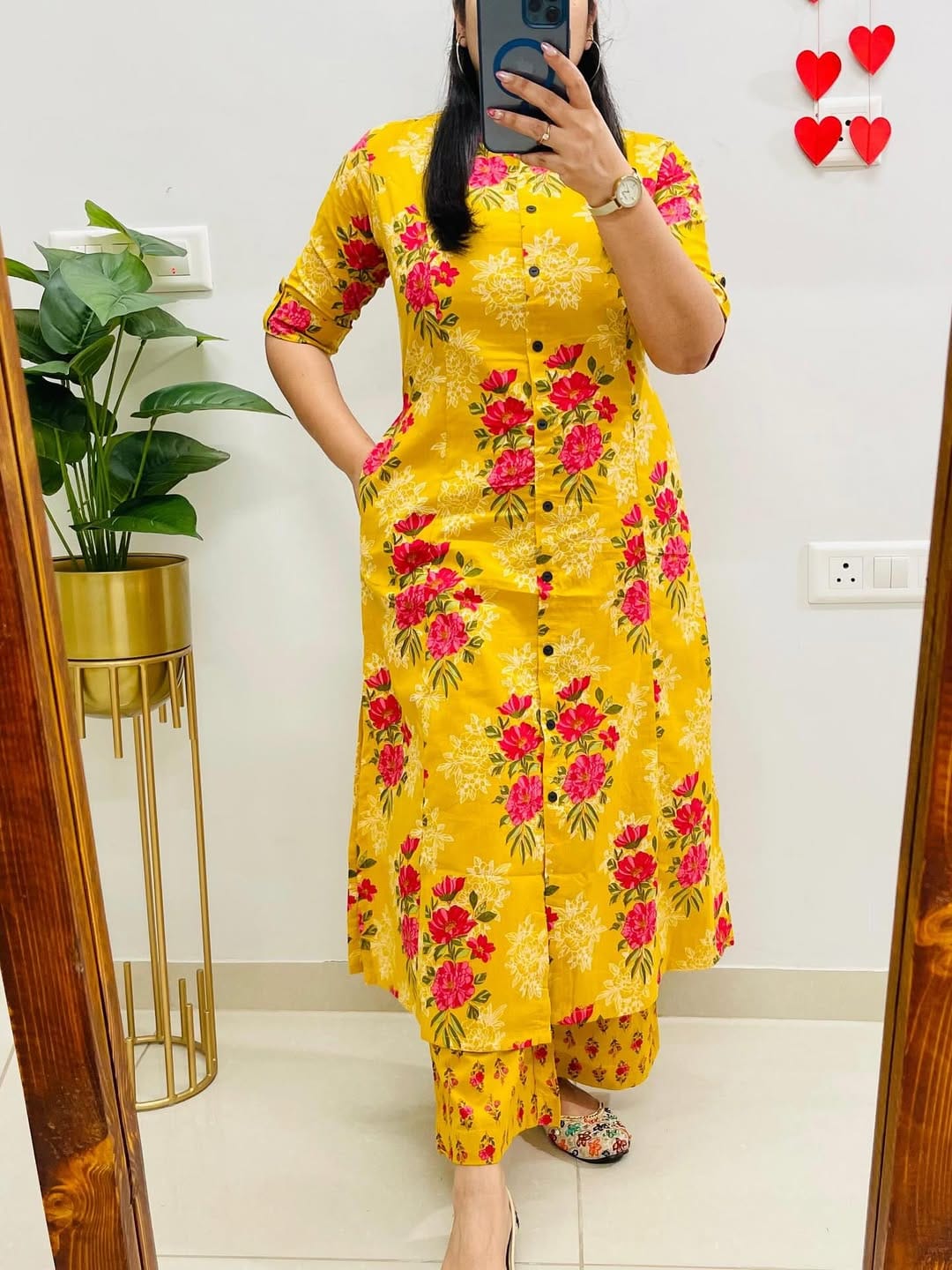 Yellow Sardar Floral Cotton Kurti Pant Set